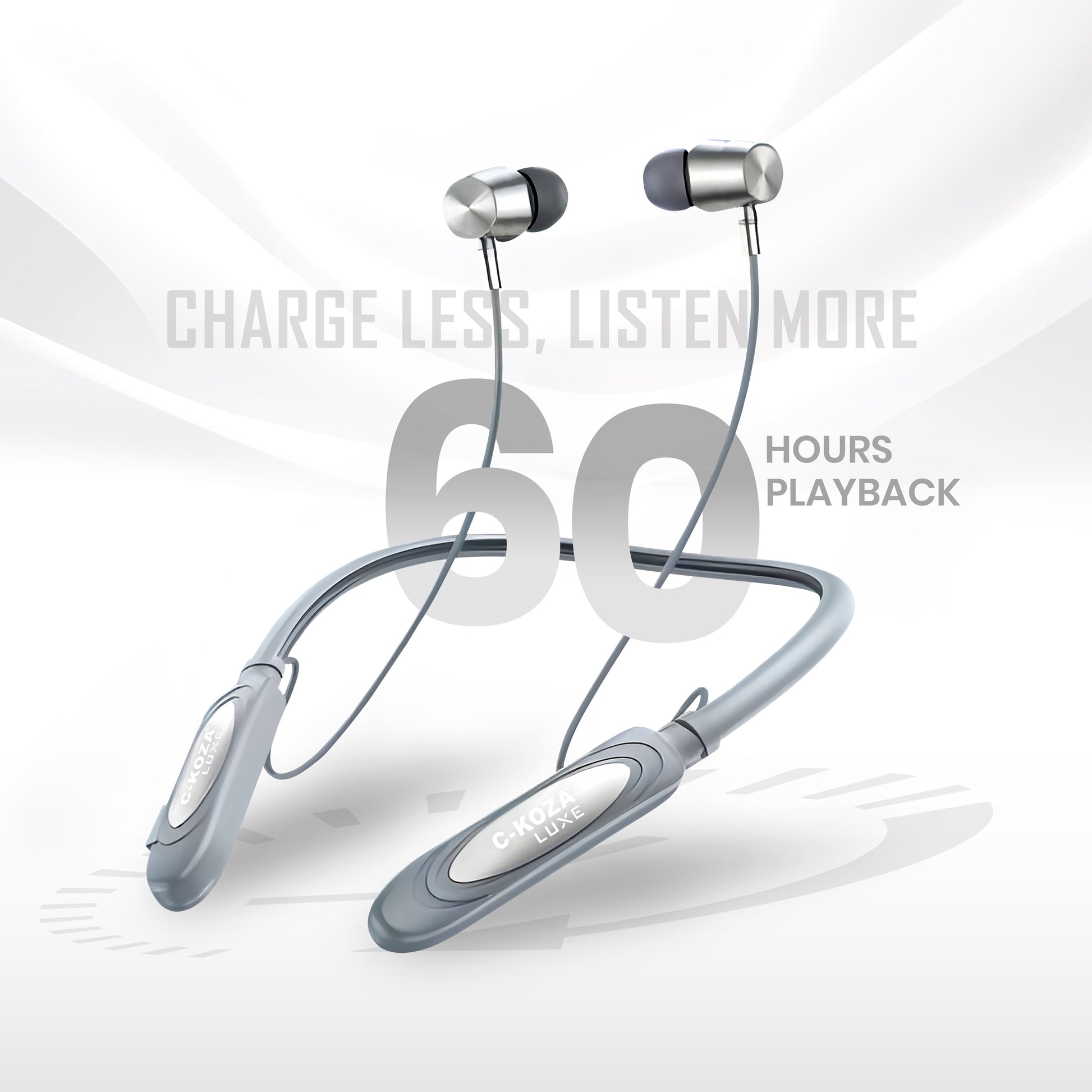 C-KOZA LUXE LN-53 [Grey] Wireless Neckband with 60H Battery, Bluetooth V5.3, Magnetic Control & Vibration Alerts