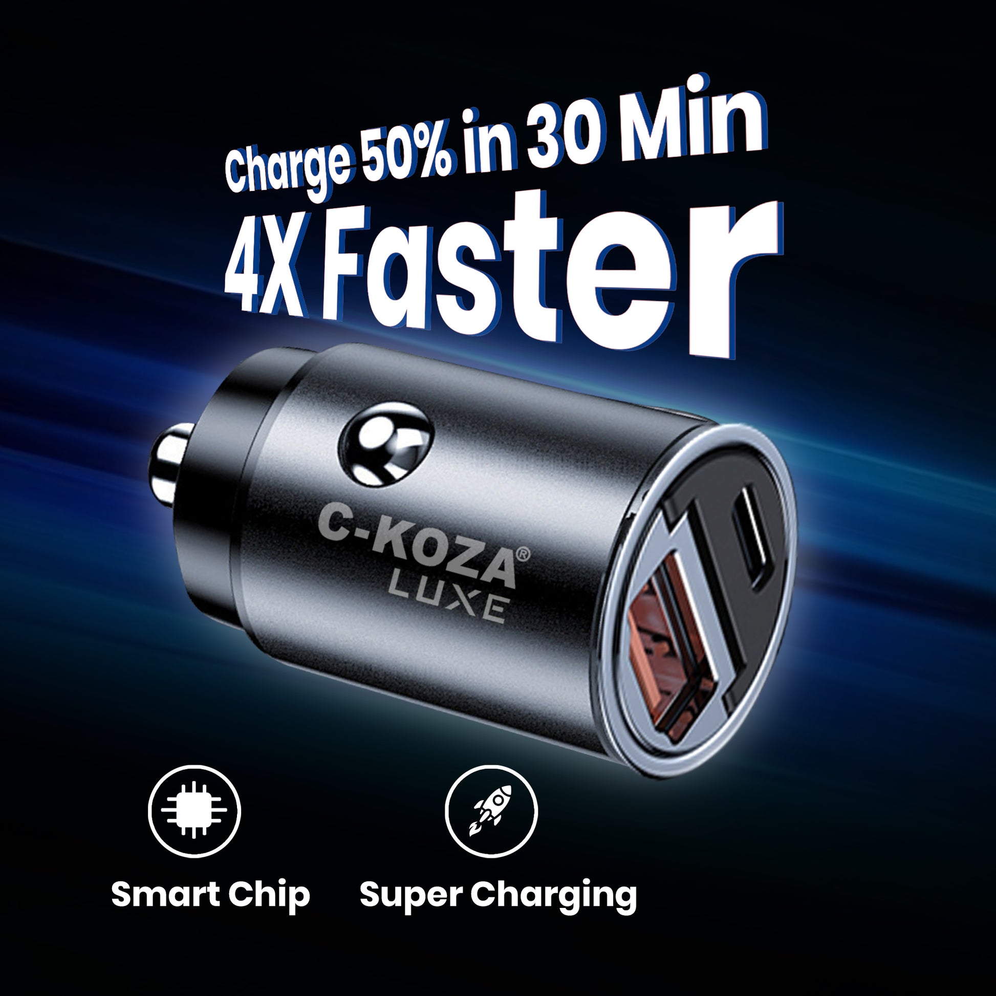 C-KOZA LUXE 68W Fast Car Charger (LUC-201) – PD+ Super Fast Dual Port USB-C & USB-A Car Charger