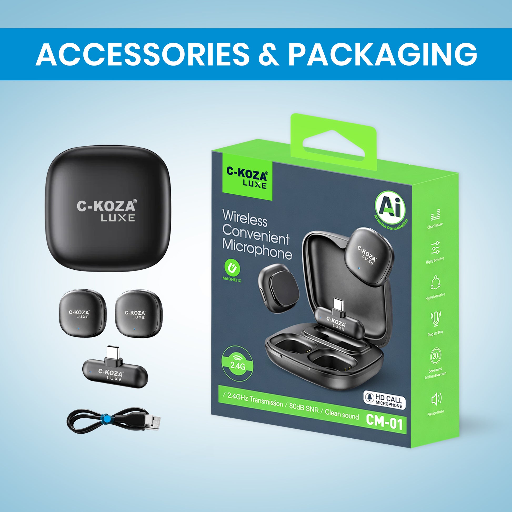 C-KOZA LUXE CM-01 Wireless Convenient Microphone with AI Noise Cancelling – 2.4GHz HD Mic for Clear Audio