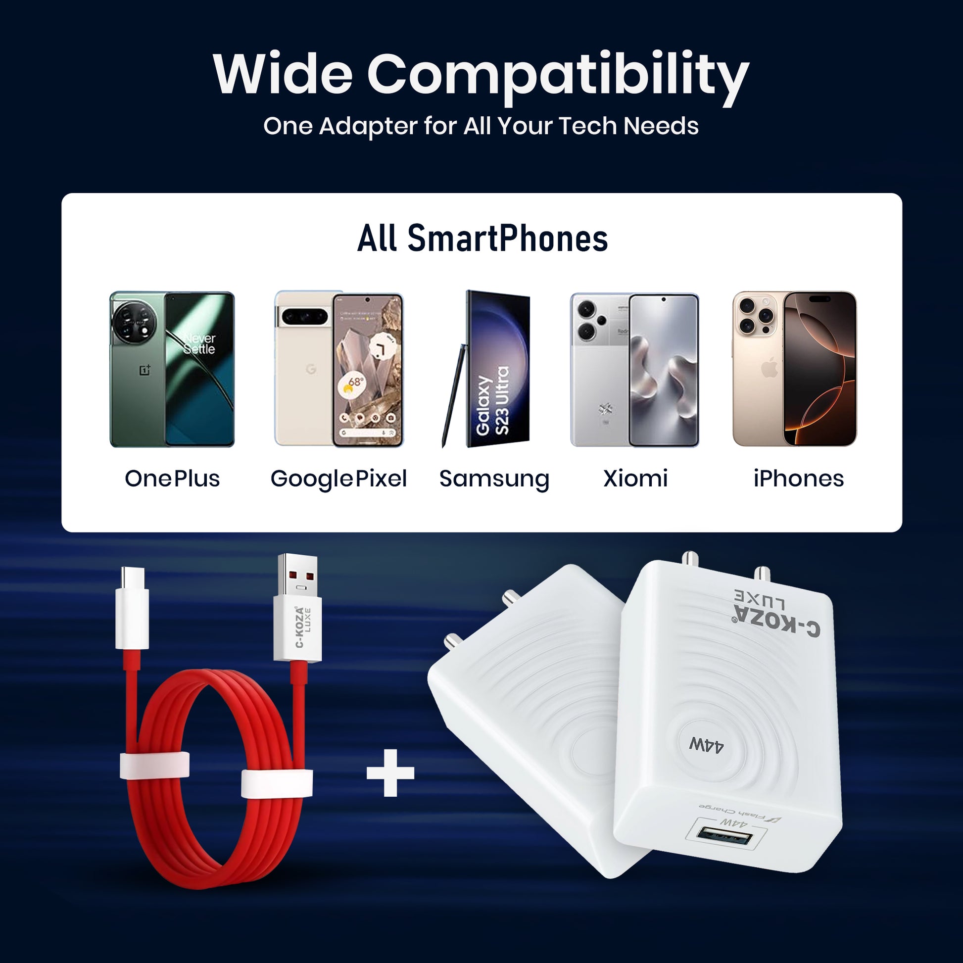 C-KOZA LUXE 44W Auto-ID Quick Charger Cable Included (LU-02)  – Super Fast Wall Charger with Smart Chip & Copper Core