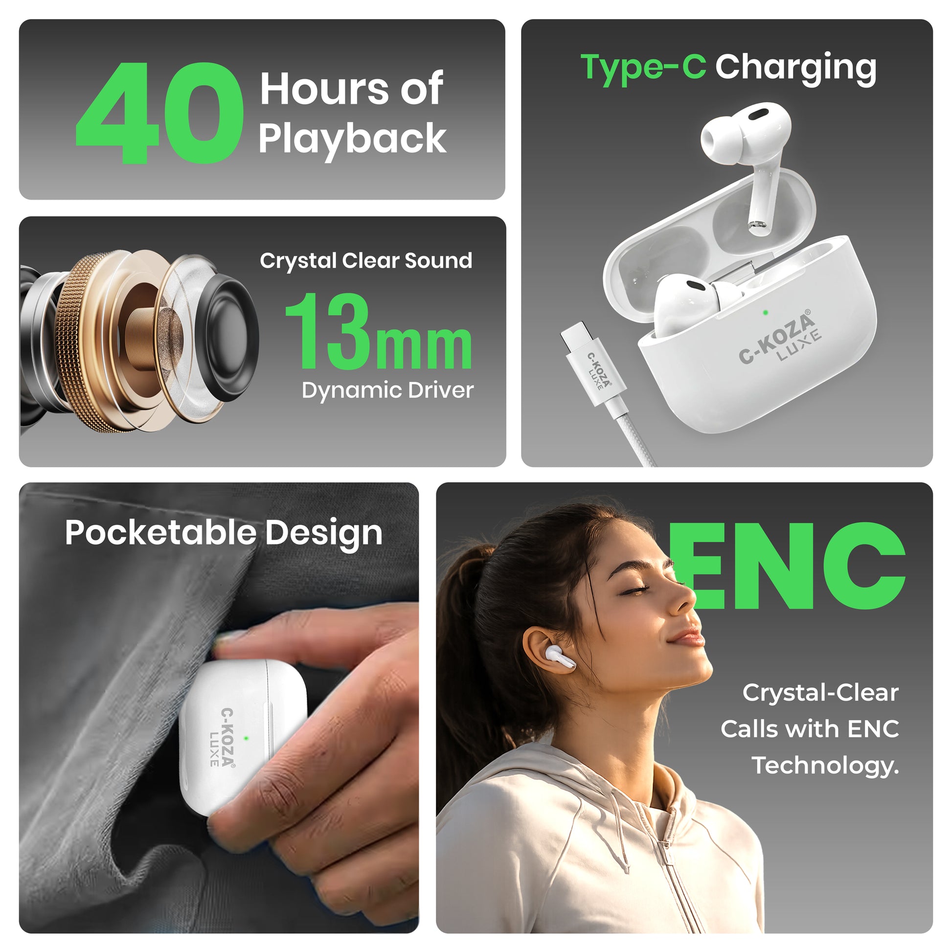 C-KOZA LUXE LT-04 True Wireless Earbuds with ENC, Bluetooth 5.3, 40H Playtime & HiFi Stereo Bass