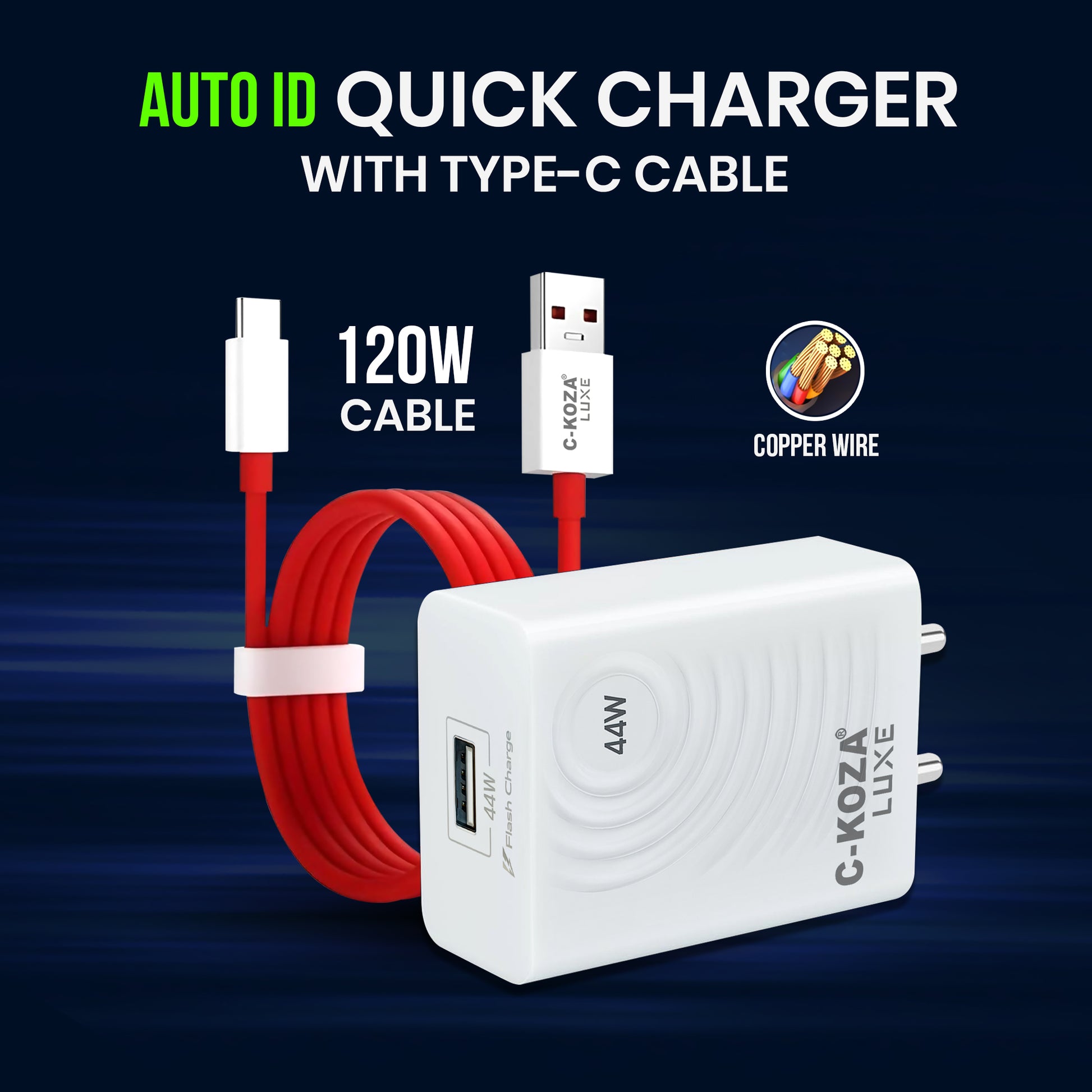 C-KOZA LUXE 44W Auto-ID Quick Charger Cable Included (LU-02)  – Super Fast Wall Charger with Smart Chip & Copper Core
