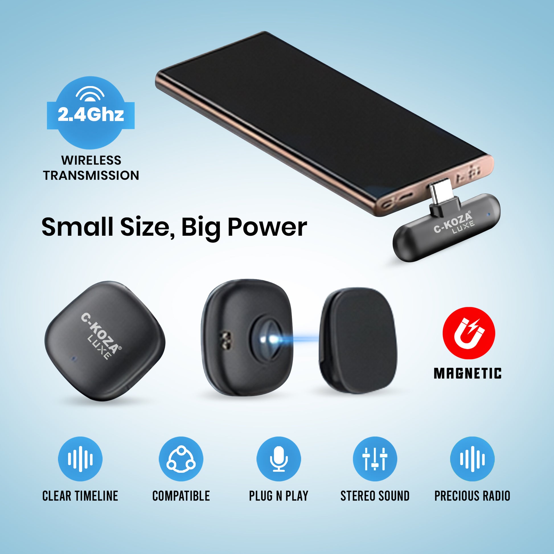 C-KOZA LUXE CM-01 Wireless Convenient Microphone with AI Noise Cancelling – 2.4GHz HD Mic for Clear Audio
