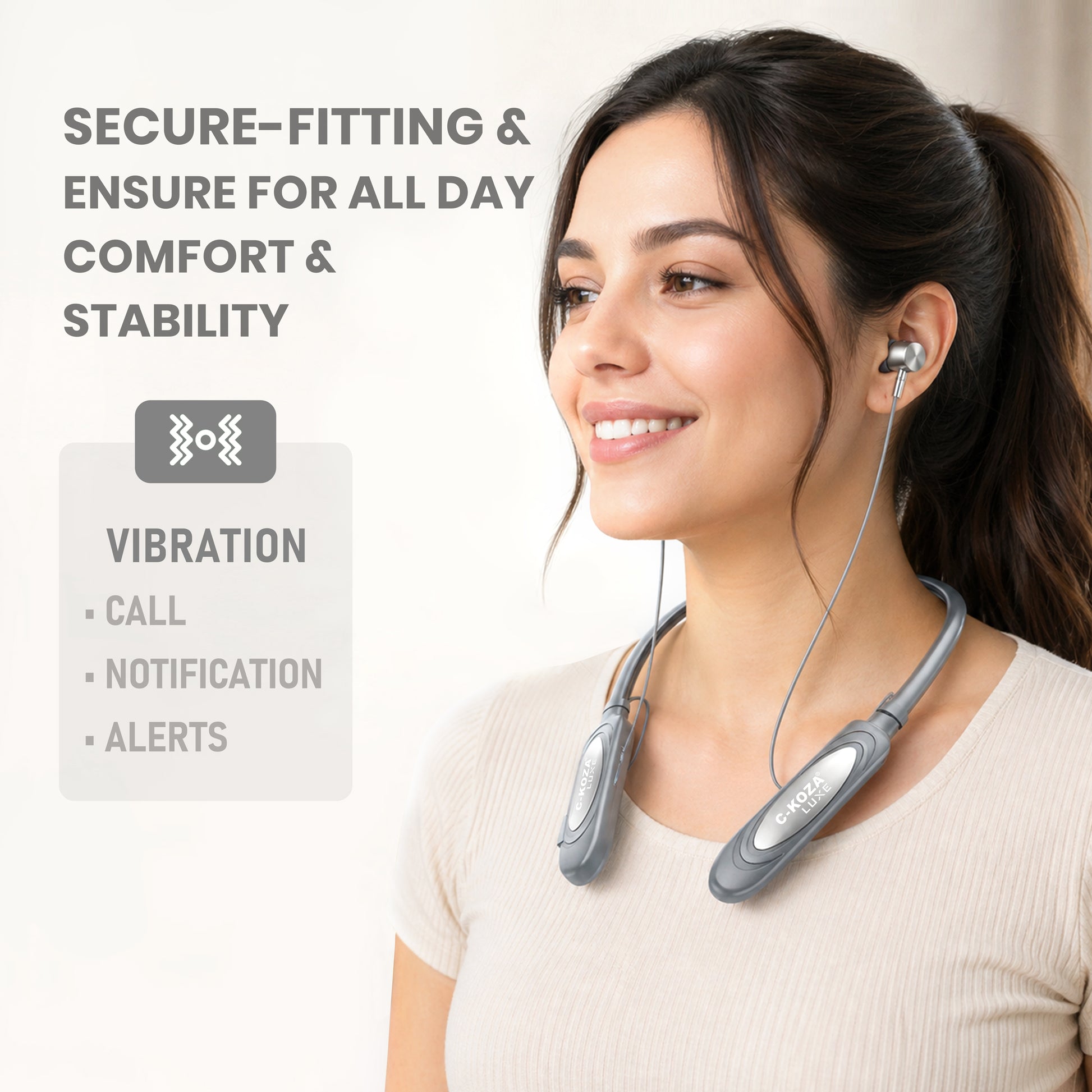 C-KOZA LUXE LN-53 [Grey] Wireless Neckband with 60H Battery, Bluetooth V5.3, Magnetic Control & Vibration Alerts