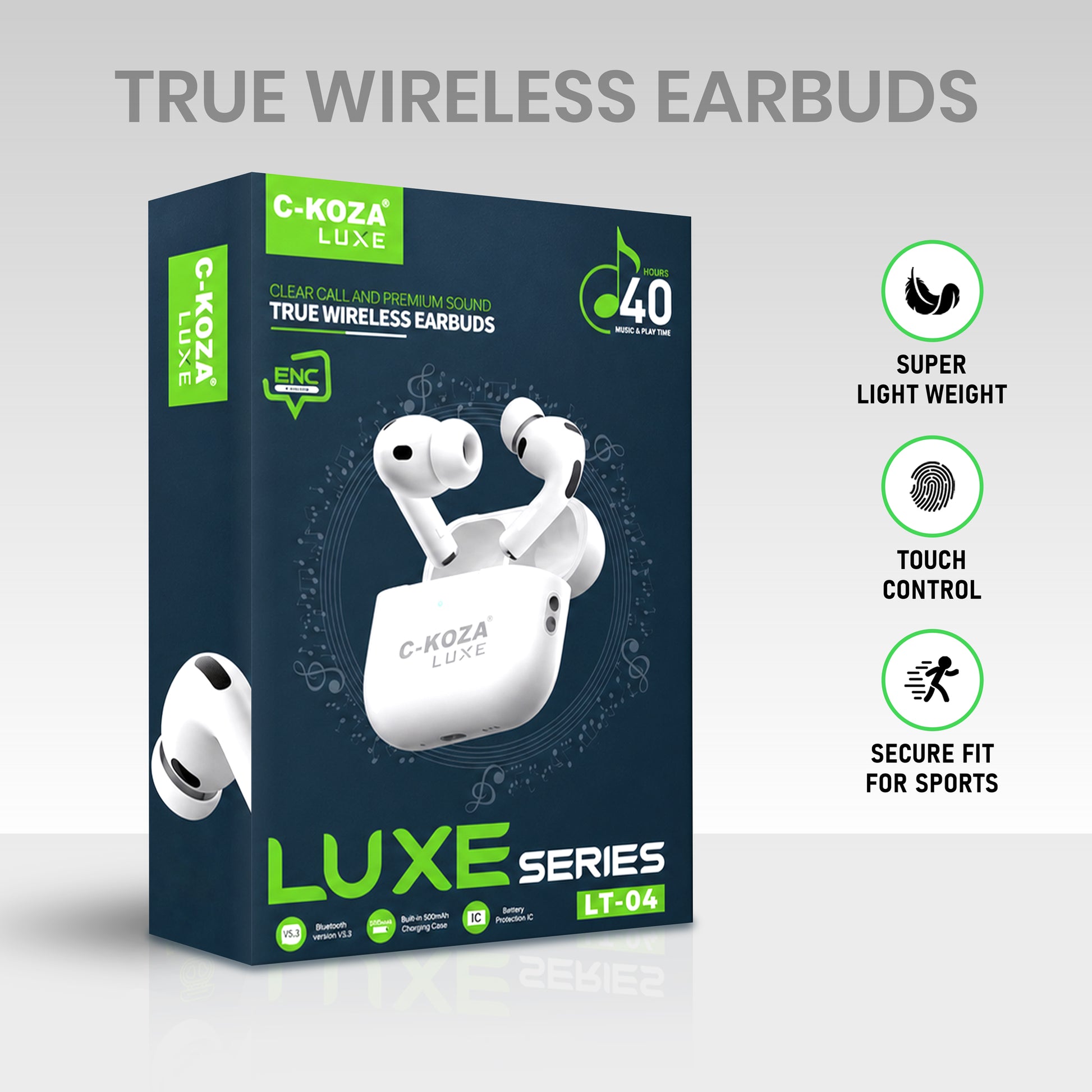 C-KOZA LUXE LT-04 True Wireless Earbuds with ENC, Bluetooth 5.3, 40H Playtime & HiFi Stereo Bass