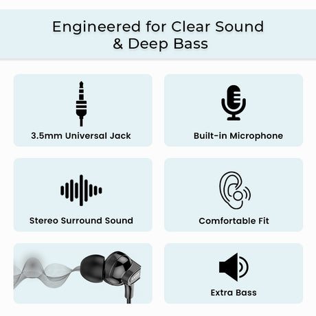 C-KOZA LUXE Series LH-202 Wired Handsfree Earphones with Mic - Rich Bass & 3.5mm Jack