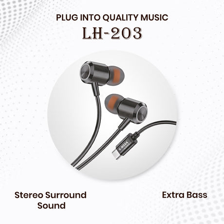 C-KOZA LUXE LH-203 Wired Earphones with Mic, Extra Bass & Noise Reduction, Type-C Headset with Metallic Earpieces (Black, In-Ear)