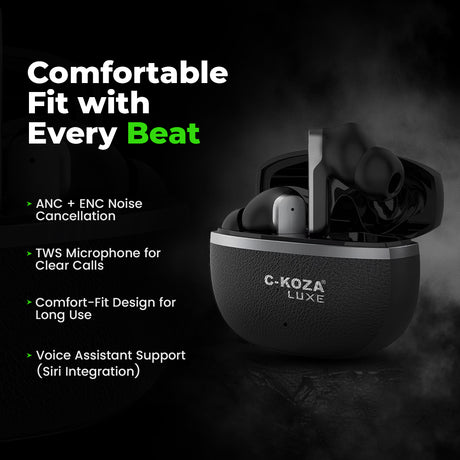 C-KOZA LUXE LT-01 [BLACK]: Immersive ANC+ENC Wireless Earbuds | Luxe Series
