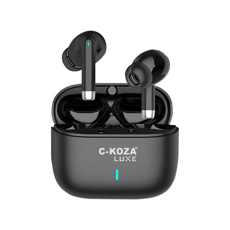 Black wireless earbuds in an open charging case with the brand name C-KOZA LUXE printed on the front, set against a plain white background.