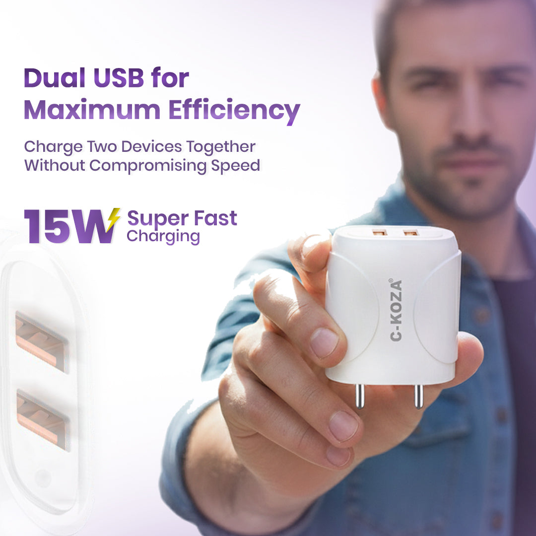 C-KOZA LUXE LU-101 | 15W Super Fast Dual USB Charger with Auto-ID & Multi-Layer Safety